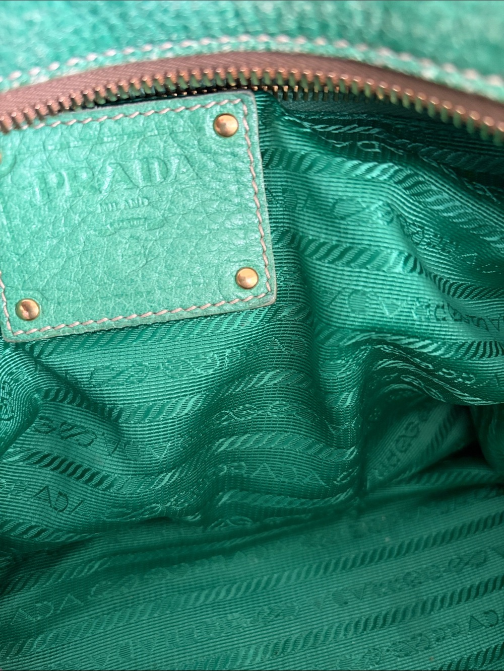 Prada Teal Green Pebbled Leather Shoulder Bag with Gold Hardware - Picture 4 of 5